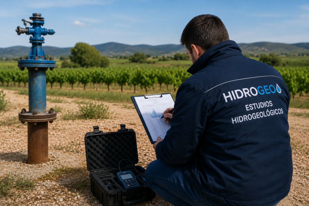 Técnico realizando un estudio hidrogeológico para demostrar la no afección a un acuífero y evaluar una captación de agua subterránea