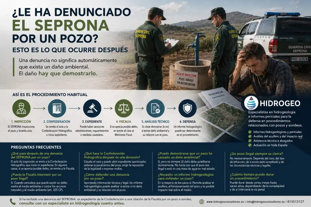 ¿Le ha denunciado el SEPRONA por un pozo? Esto es lo que suele ocurrir después Infografía que explica qué ocurre tras una denuncia del SEPRONA por un pozo, la intervención de la Confederación Hidrográfica y la Fiscalía, y la importancia de un informe hidrogeológico para analizar si existe una afección ambiental.